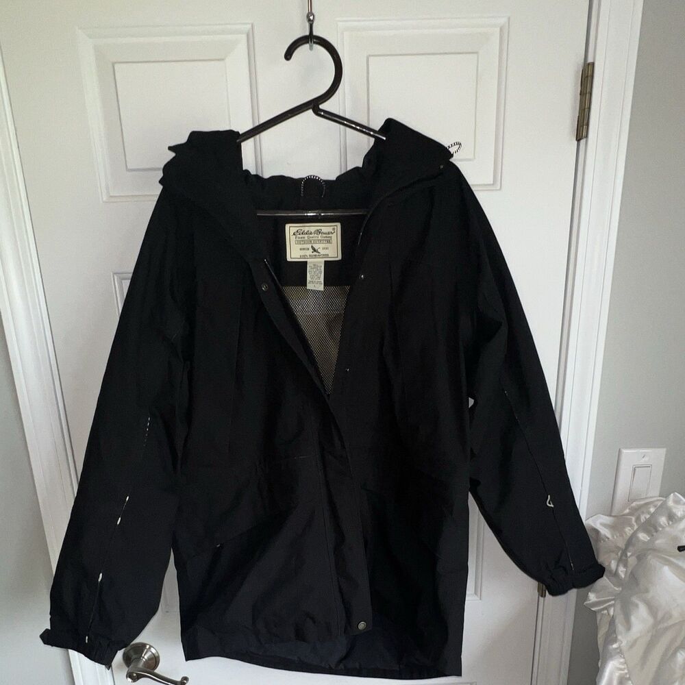 Eddie Bauer Men’s L Black Hooded Lined Jacket Full Zip Snap Closure Logo